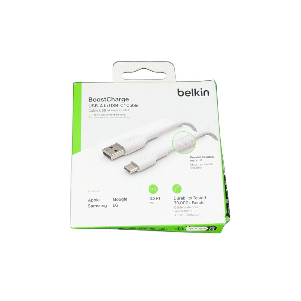 Aa3N Belkin BoostCharge Braided USB-C‎ to USB-A Cable (1m / 3.3ft, White) NEW
